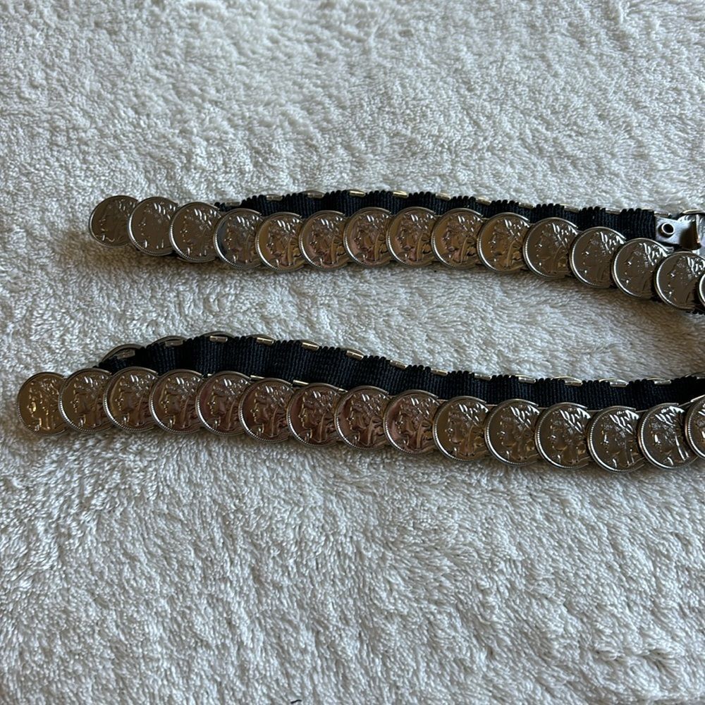 silver conch belt metal stretch elastic belt hook clasp coin‎ design 1" Vintage - Picture 3 of 6